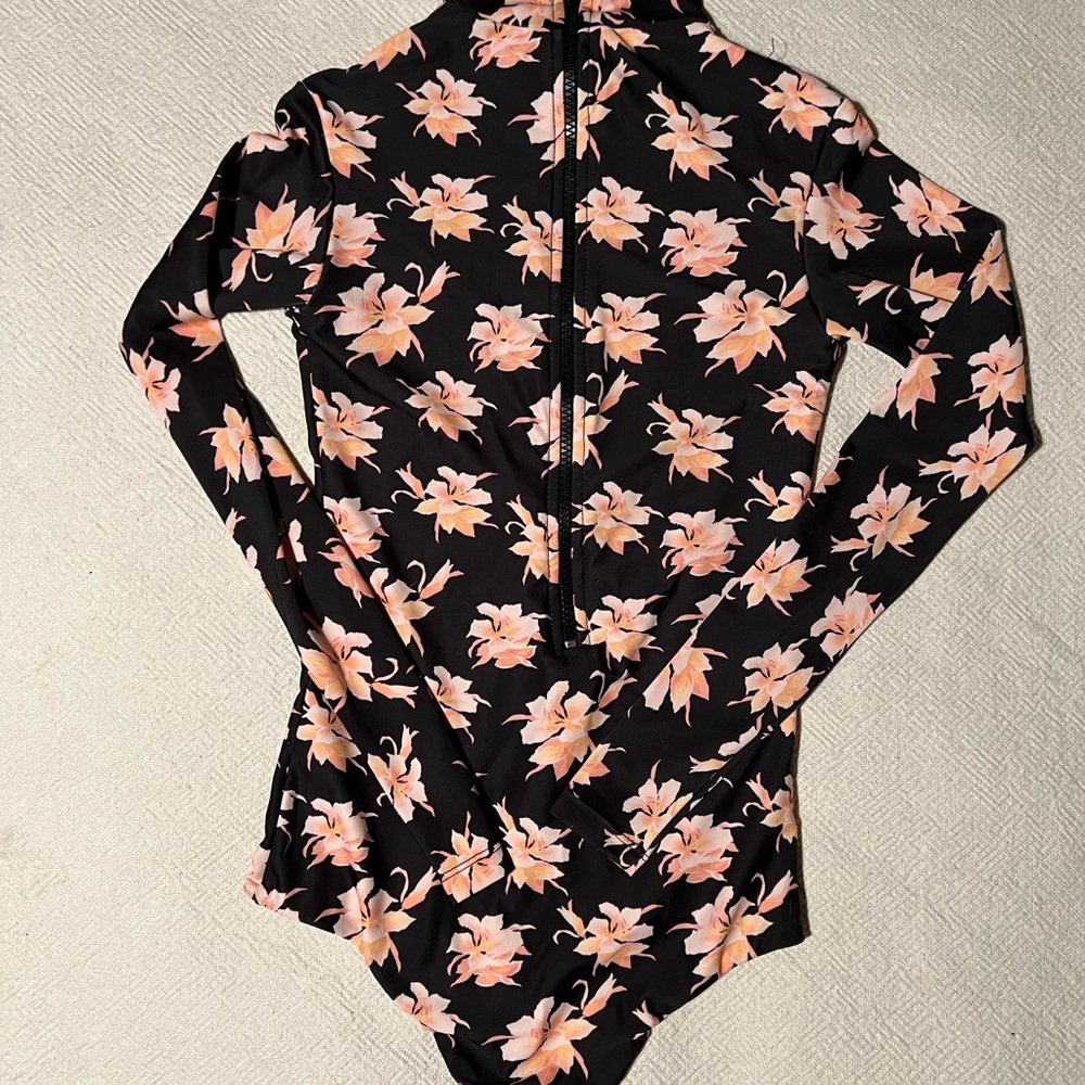 Acacia long sleeve rash guard full piece swim suit - black base with white pink